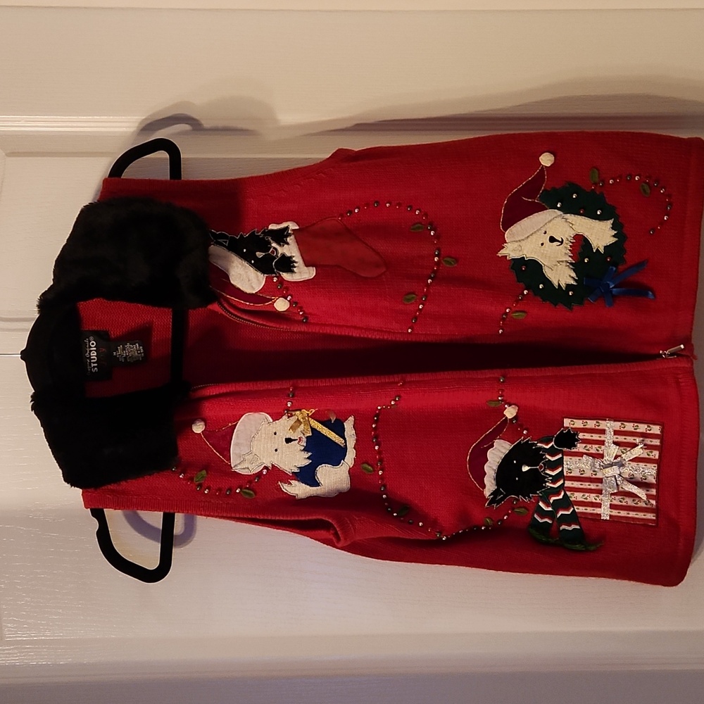 Red Christmas Vest Embellished Doggie/Kitty Holiday Sweater Vest M. Full Zip
